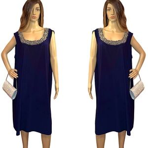 R & M Richards Mother of Bride Navy Blue Short Dress with Silver Beaded Neckline
